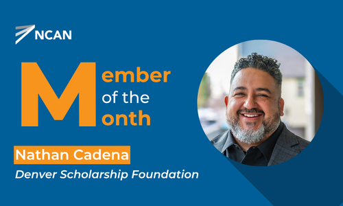A graphic celebrating our July 2026 NCAN Member of the Month, Nathan Cadena from Denver Scholarship Foundation!