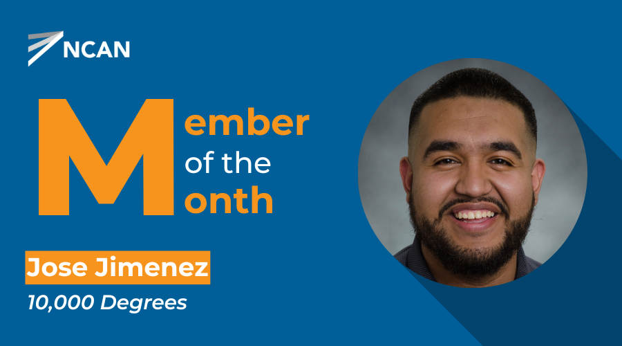 A smiling portrait of Jose Jimenez, recognized as the "Member of the Month" by NCAN. The image features bold text highlighting his achievement and a blue background.