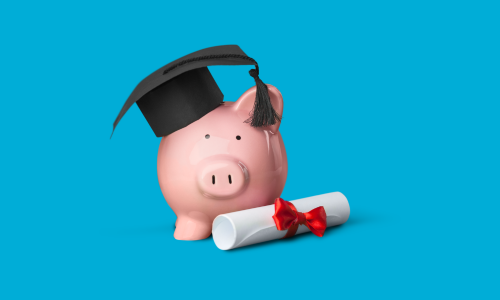 Piggy bank wearing grad cap with rolled diploma in a red bow on a blue background