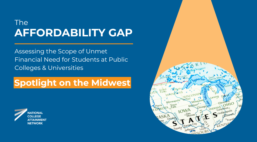Graphic with a blue background titled “The Affordability Gap.” Subtitle reads: “Assessing the Scope of Unmet Financial Need for Students at Public Colleges & Universities.” An orange banner says “Spotlight on the Midwest.” On the right, a circular cutout shows a map of Midwestern U.S. states. The National College Attainment Network logo appears in the lower left.