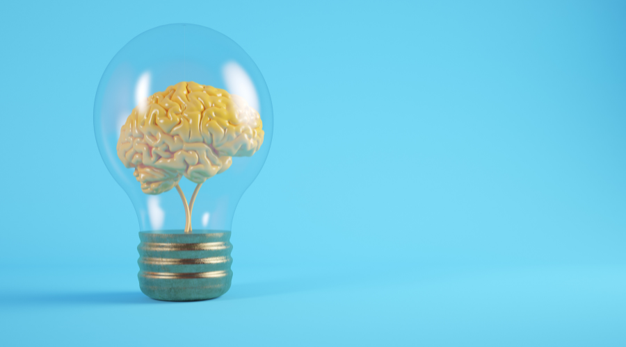Brain inside lightbulb on blue background