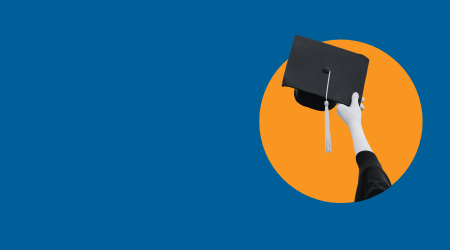 An arm holding up a graduation cap in celebration, with a bright orange circle framing the image against a blue background.