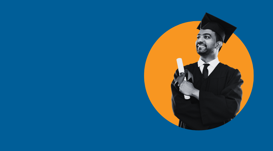 A smiling graduate in a black cap and gown holds a rolled-up diploma in one hand, standing proudly against a blue background with an orange circle framing their image.